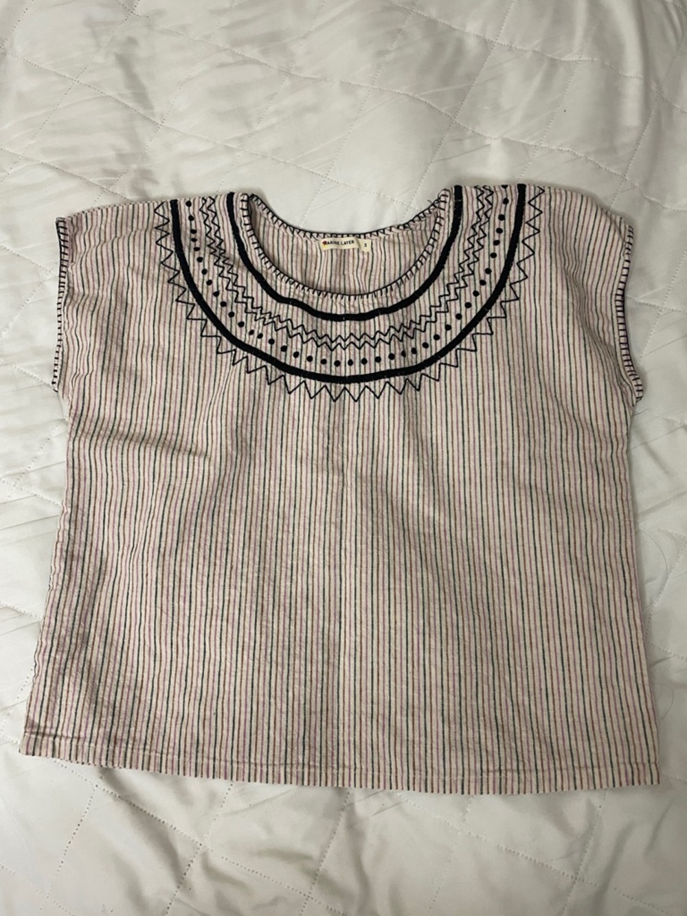 Marine Layer Pink Striped Crop Top with Black Embroidered Yoke